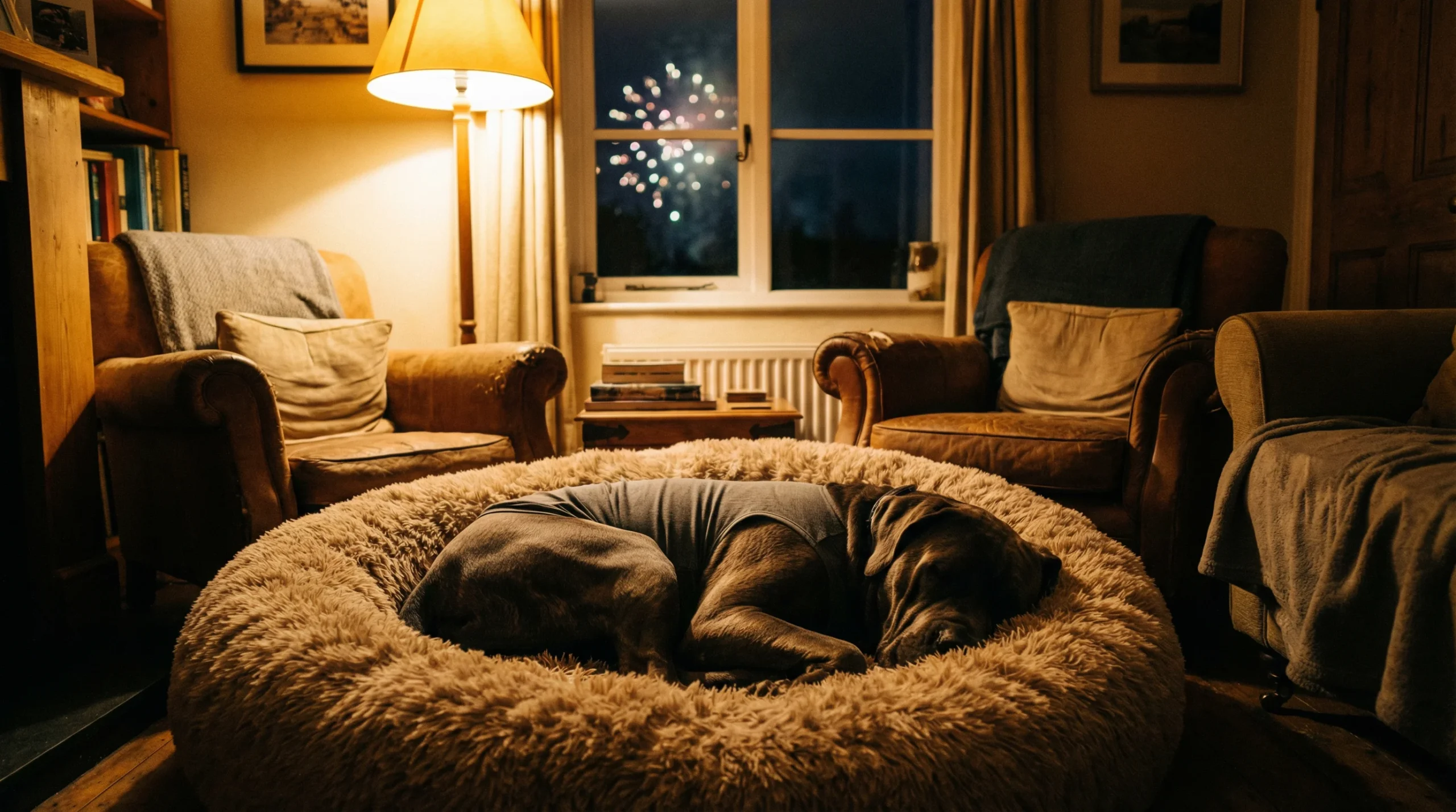 Best calming products for dogs UK shown helping an anxious dog rest calmly during fireworks at home