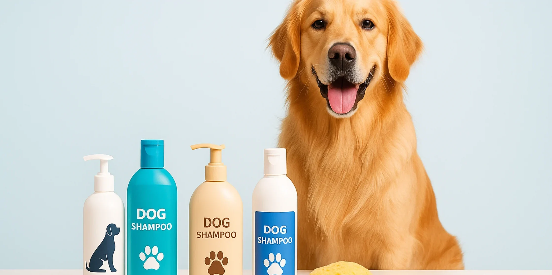 Best dog shampoo: a happy golden retriever in a home bathroom wrapped in a towel after a bath, with shampoo bottles in the background.