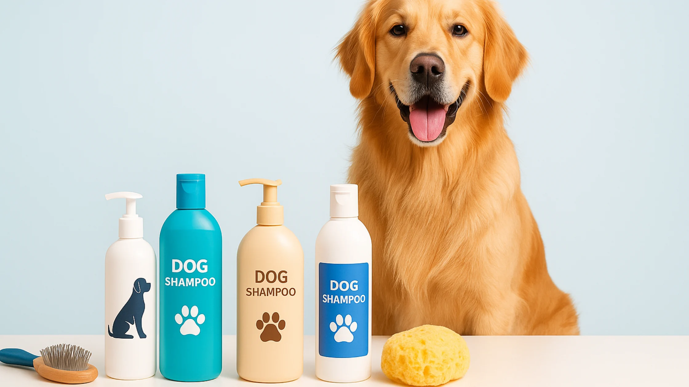 Best dog shampoo: a happy golden retriever in a home bathroom wrapped in a towel after a bath, with shampoo bottles in the background.