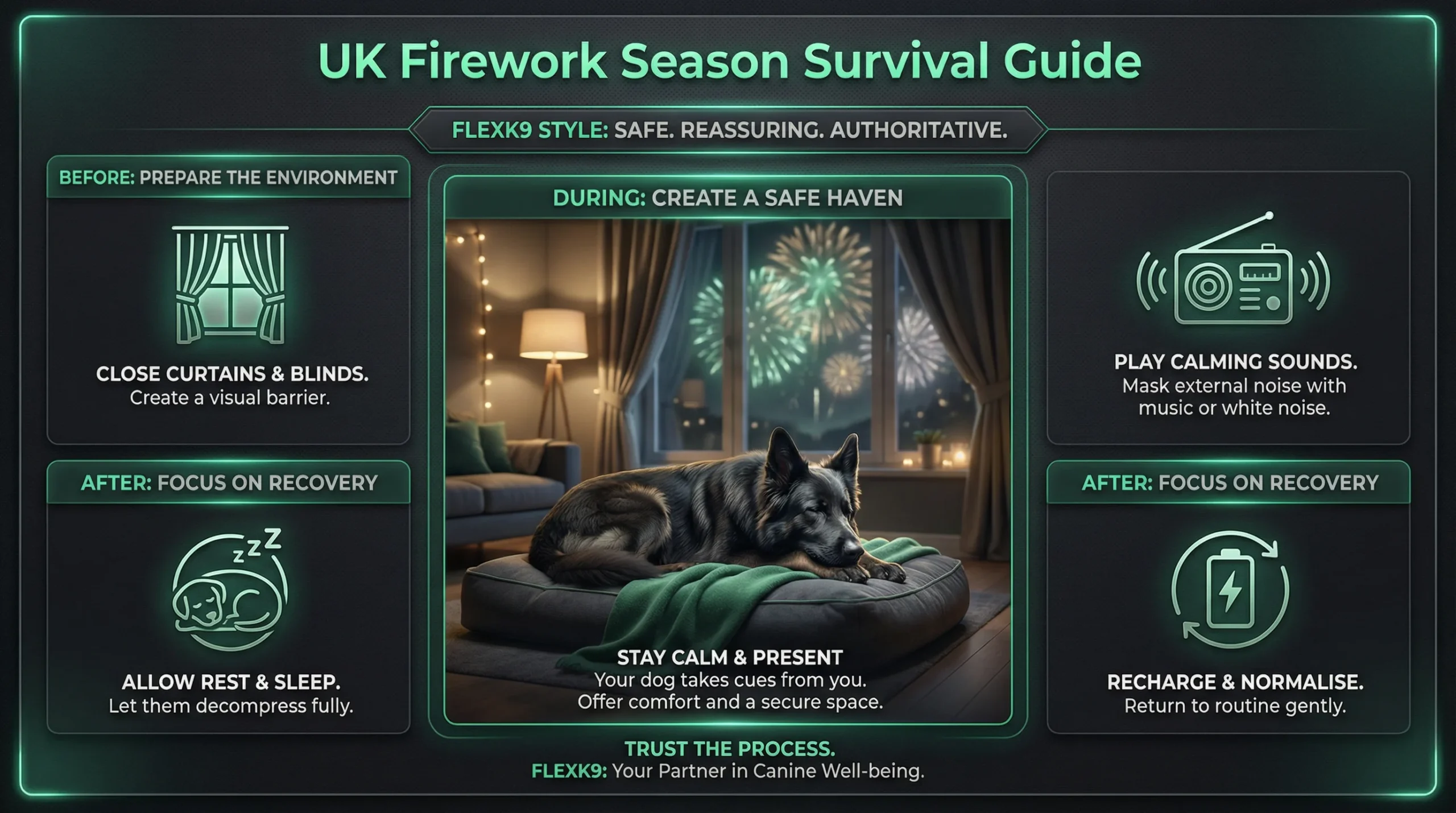 Best calming products for dogs UK shown in a firework survival guide helping anxious dogs stay calm at home