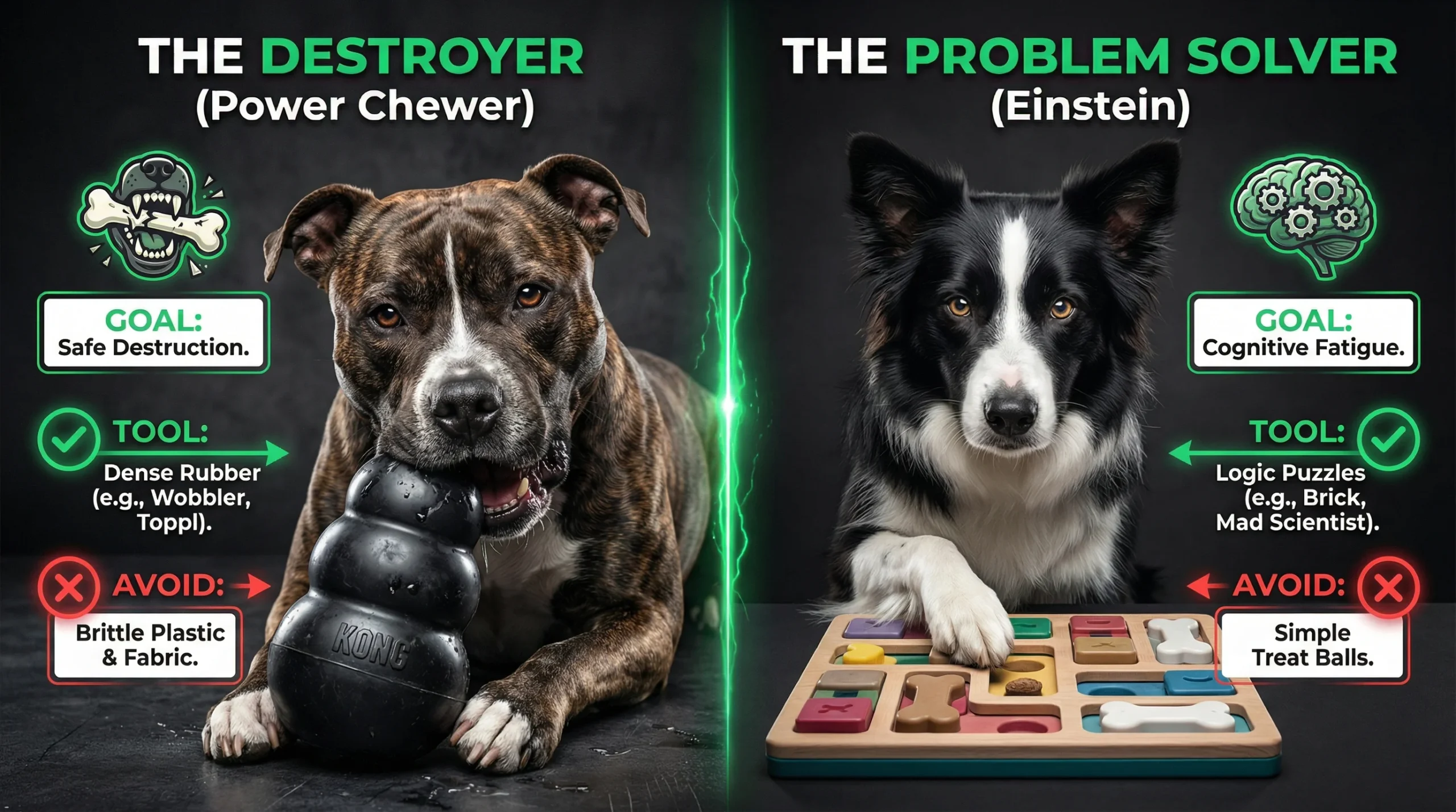 Best dog enrichment toys comparison showing power chewers versus problem-solving dogs using different toy types