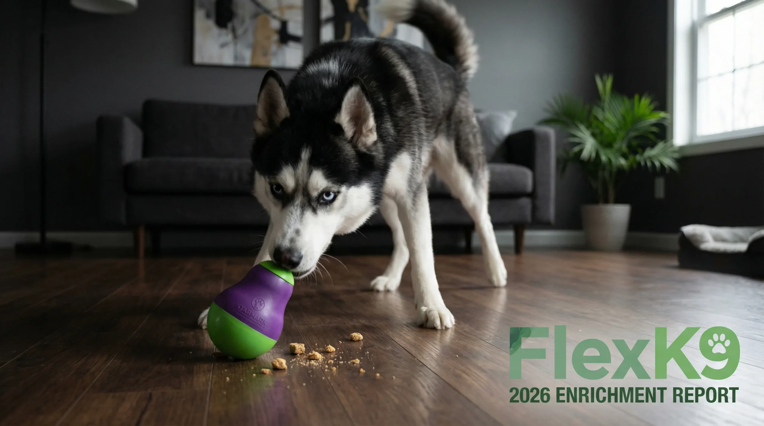 Best dog enrichment toys helping a Husky stay mentally stimulated with an interactive puzzle toy indoors