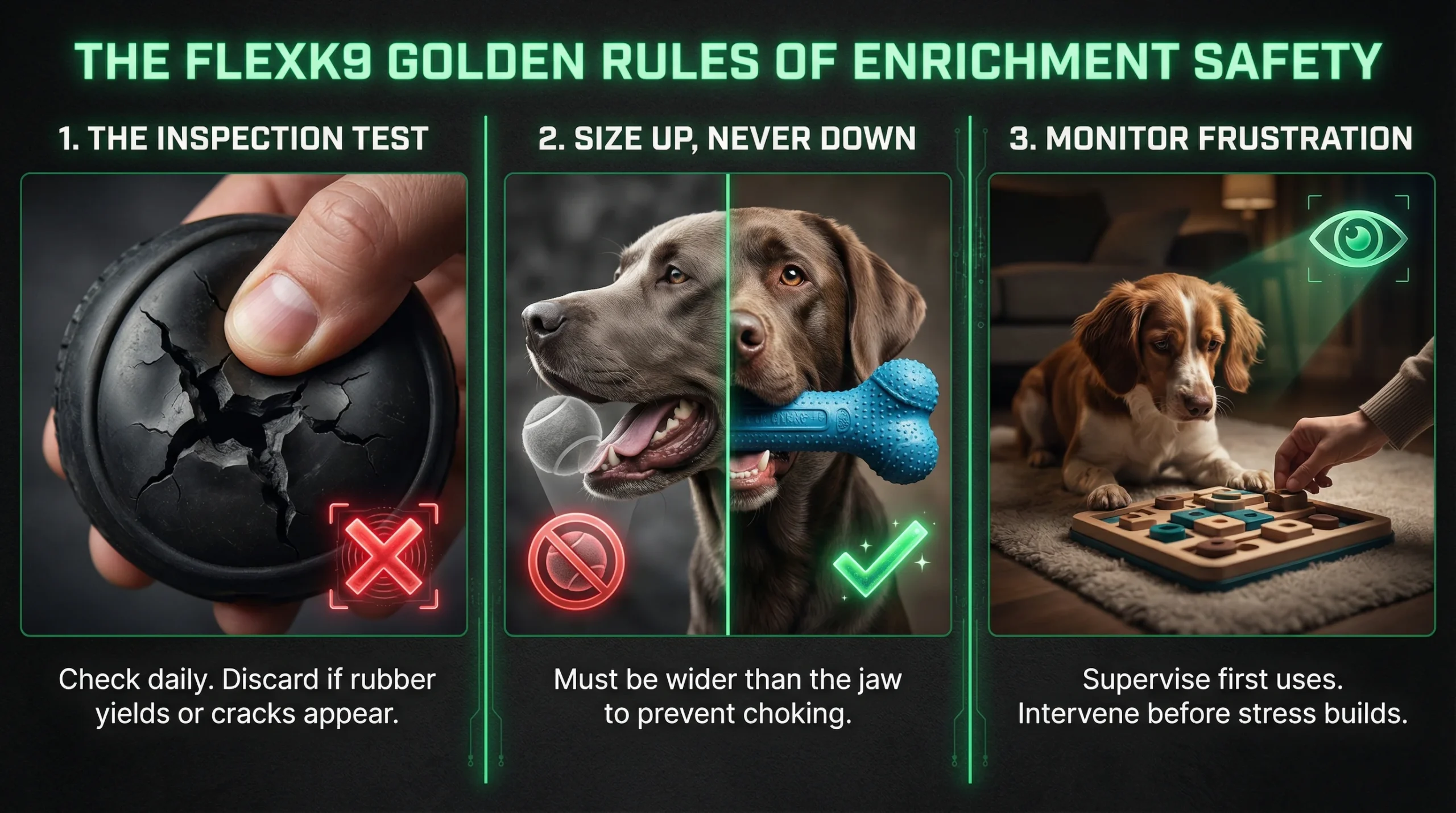 Best dog enrichment toys safety rules showing toy inspection, correct sizing, and supervised play
