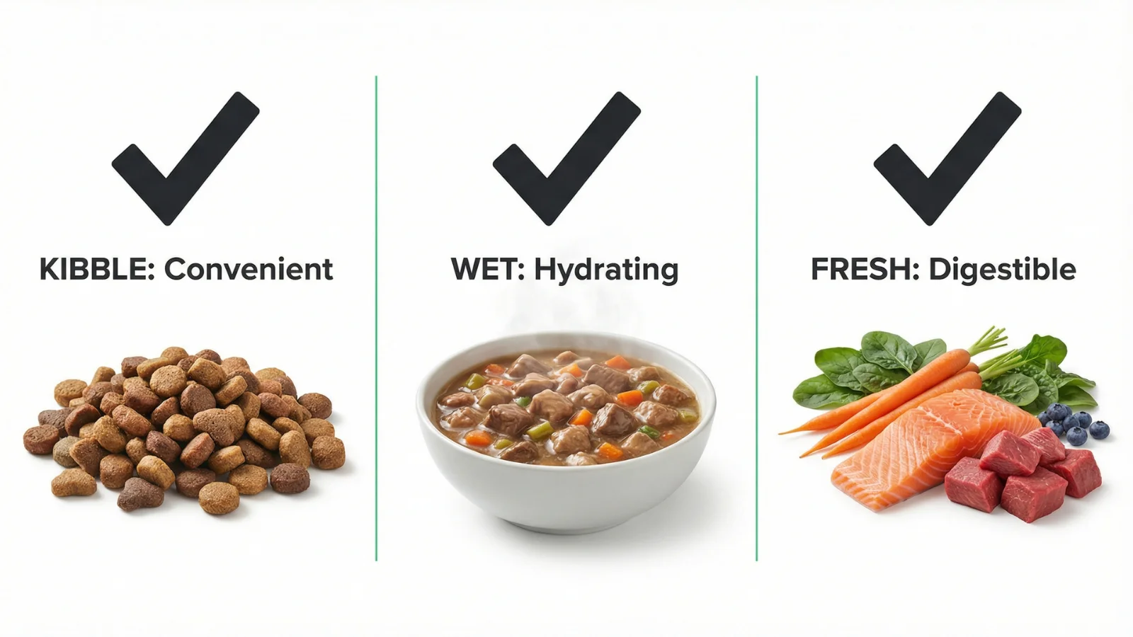 Comparing kibble vs fresh dog food and wet food to help owners choose the best diet for a Golden Retriever based on convenience, hydration, and digestibility.
