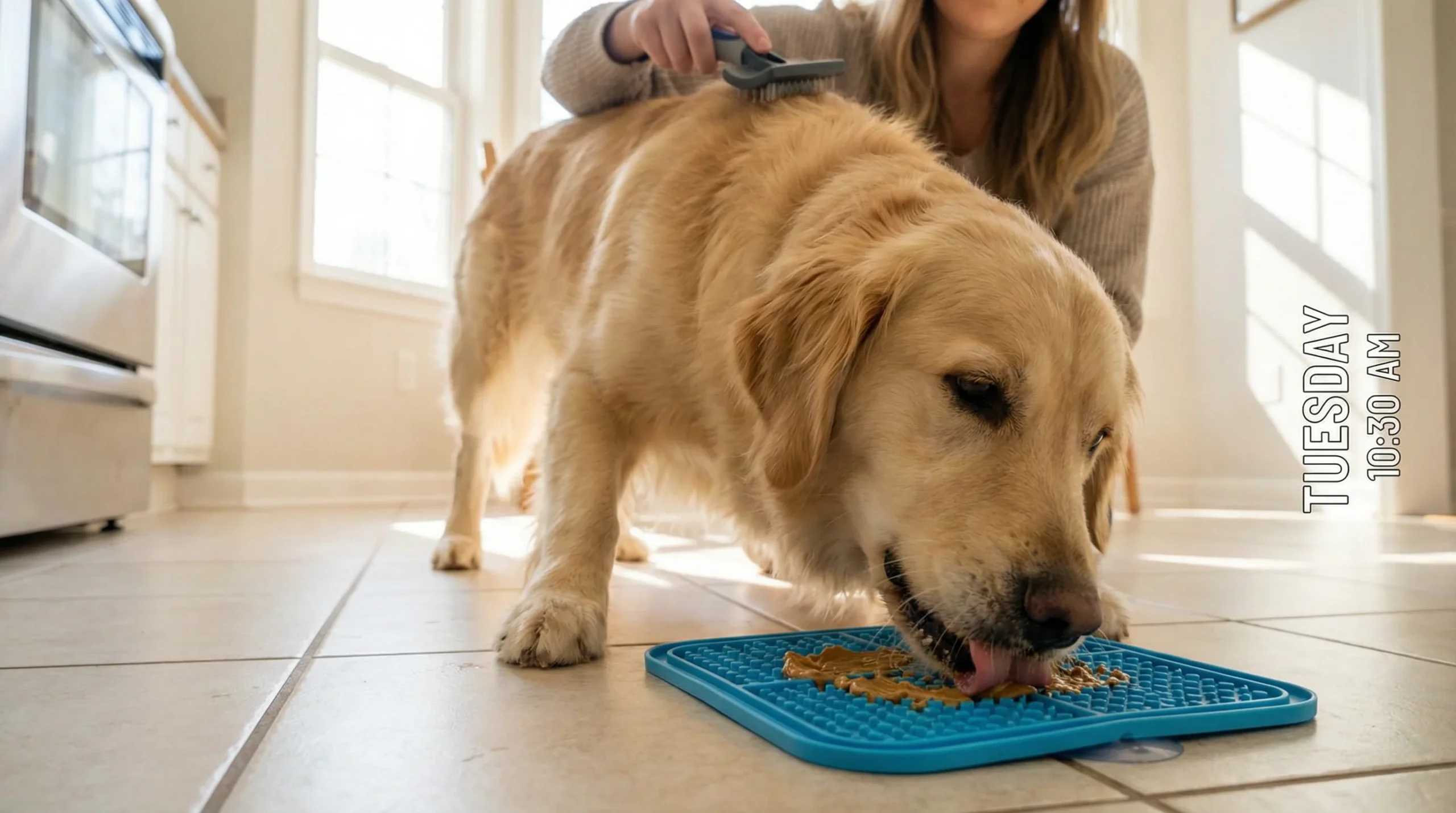 Brushing a Golden Retriever Calmly During Grooming Brushing a Golden Retriever calmly at home using the best brush for Golden Retrievers