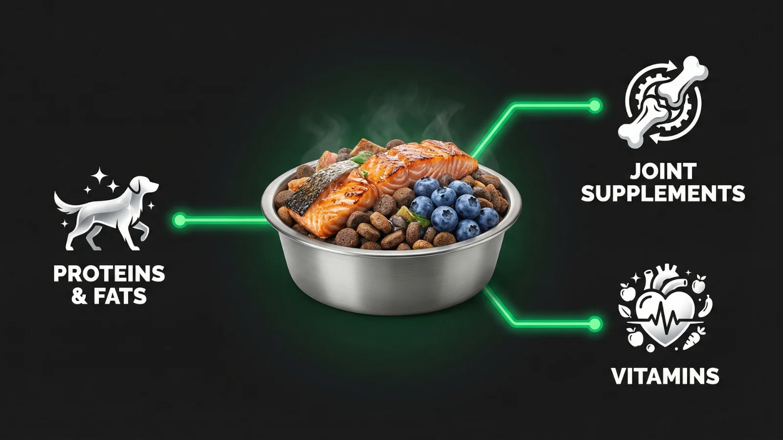 An infographic detailing the essential nutrients in a Golden Retriever diet, showing a healthy bowl of food connected to icons representing proteins and fats, joint supplements, and vitamins.