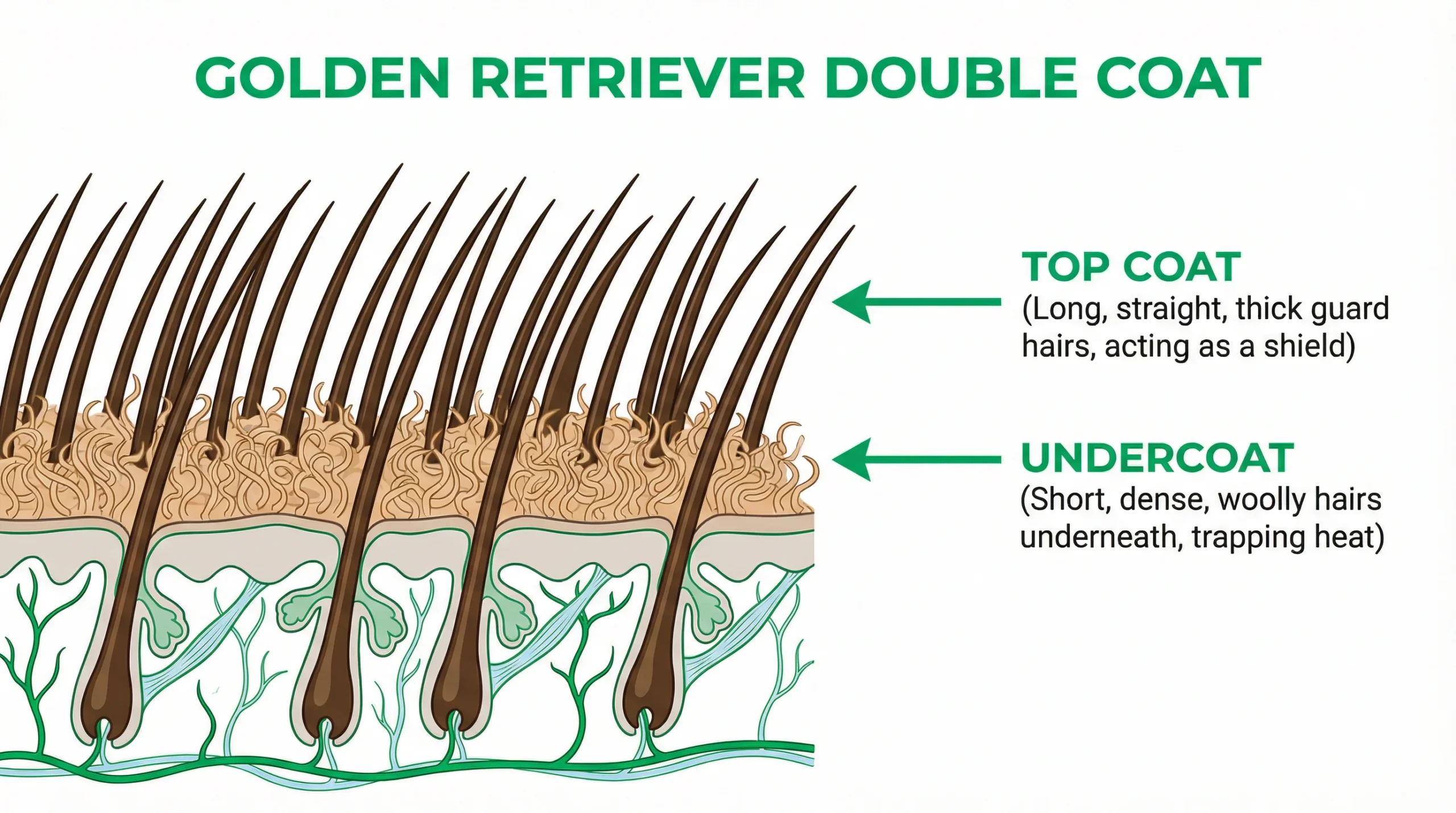 Golden Retriever double coat diagram showing thick top coat and dense undercoat layers
