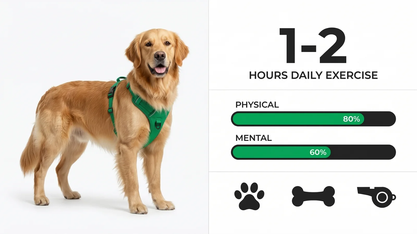 An infographic dashboard detailing the daily physical and mental exercise needs for a healthy golden retriever dog, including highly active working golden retrievers in England.
