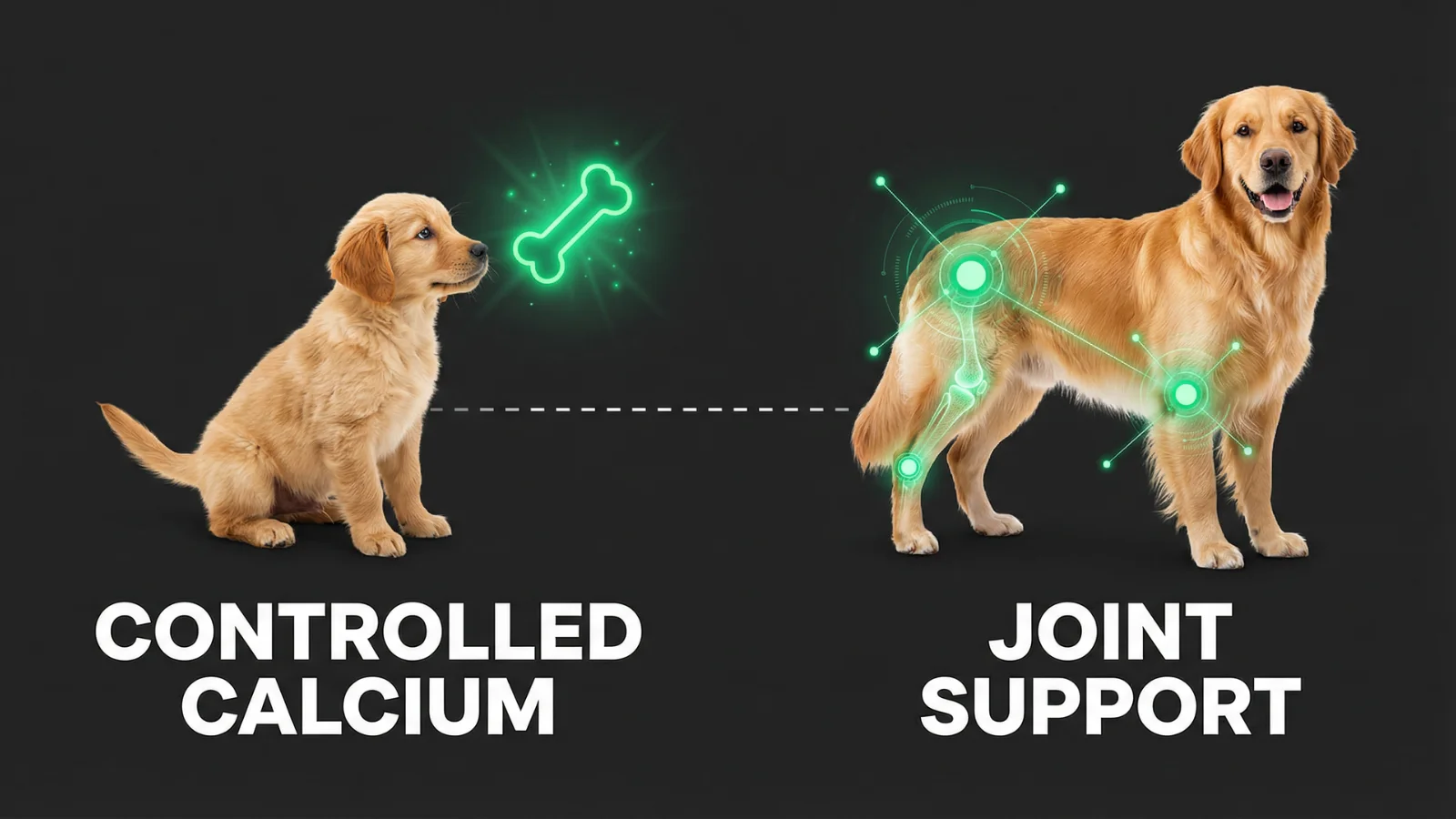 A visual golden retriever feeding chart by age, showing a puppy needing controlled calcium and an adult dog requiring joint support.