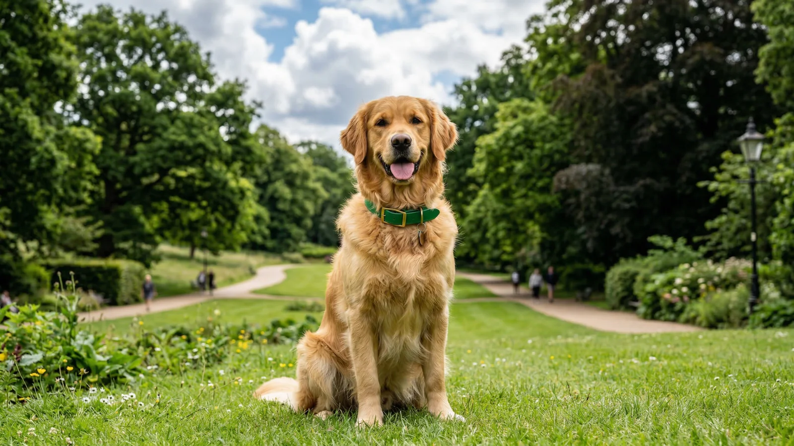 A beautiful golden retriever in uk resting on a green field.