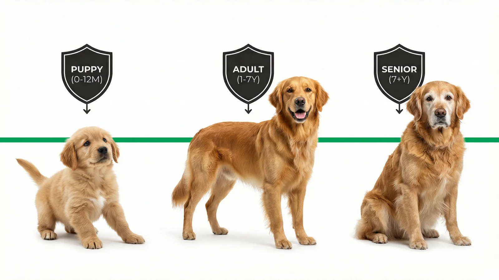 An infographic showing three Golden Retrievers representing distinct life stages: a Puppy (0-12M), an Adult (1-7Y), and a Senior (7+Y), each under a shield icon, illustrating a golden retriever feeding chart by age framework.