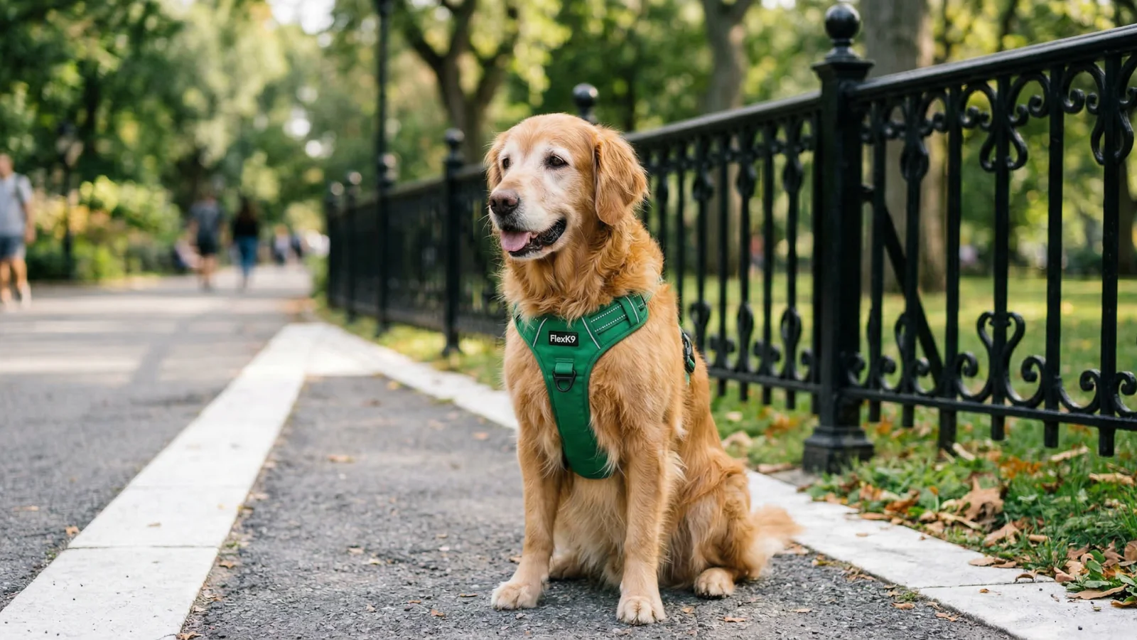 An older golden retriever rescue in uk wearing a green collar.