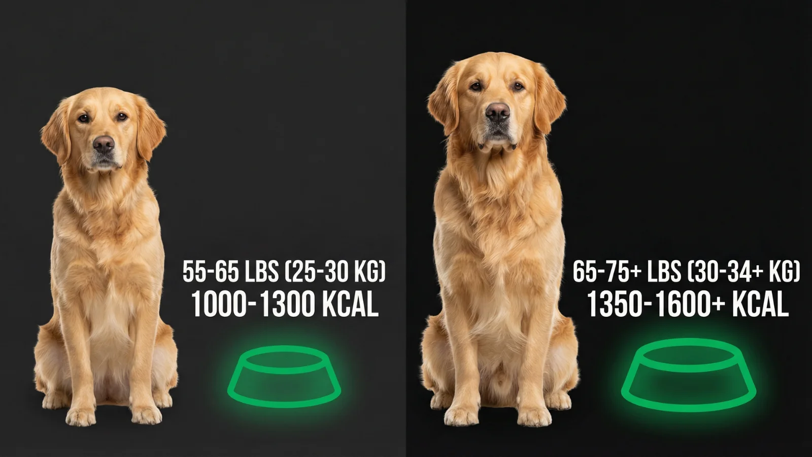 A side-by-side golden retriever feeding chart by weight comparing the daily calorie needs of a 55 to 65 lbs dog versus a larger 65 to 75 lbs dog.