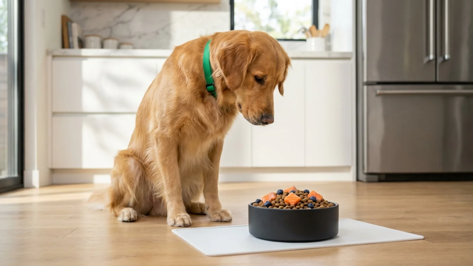 A healthy adult Golden Retriever sitting in a modern kitchen looking at a bowl of kibble topped with salmon and blueberries, demonstrating what do golden retrievers eat for a balanced diet.