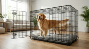 What size crate for Golden Retriever shown with an adult Golden Retriever standing comfortably inside a properly sized 42-inch dog crate.