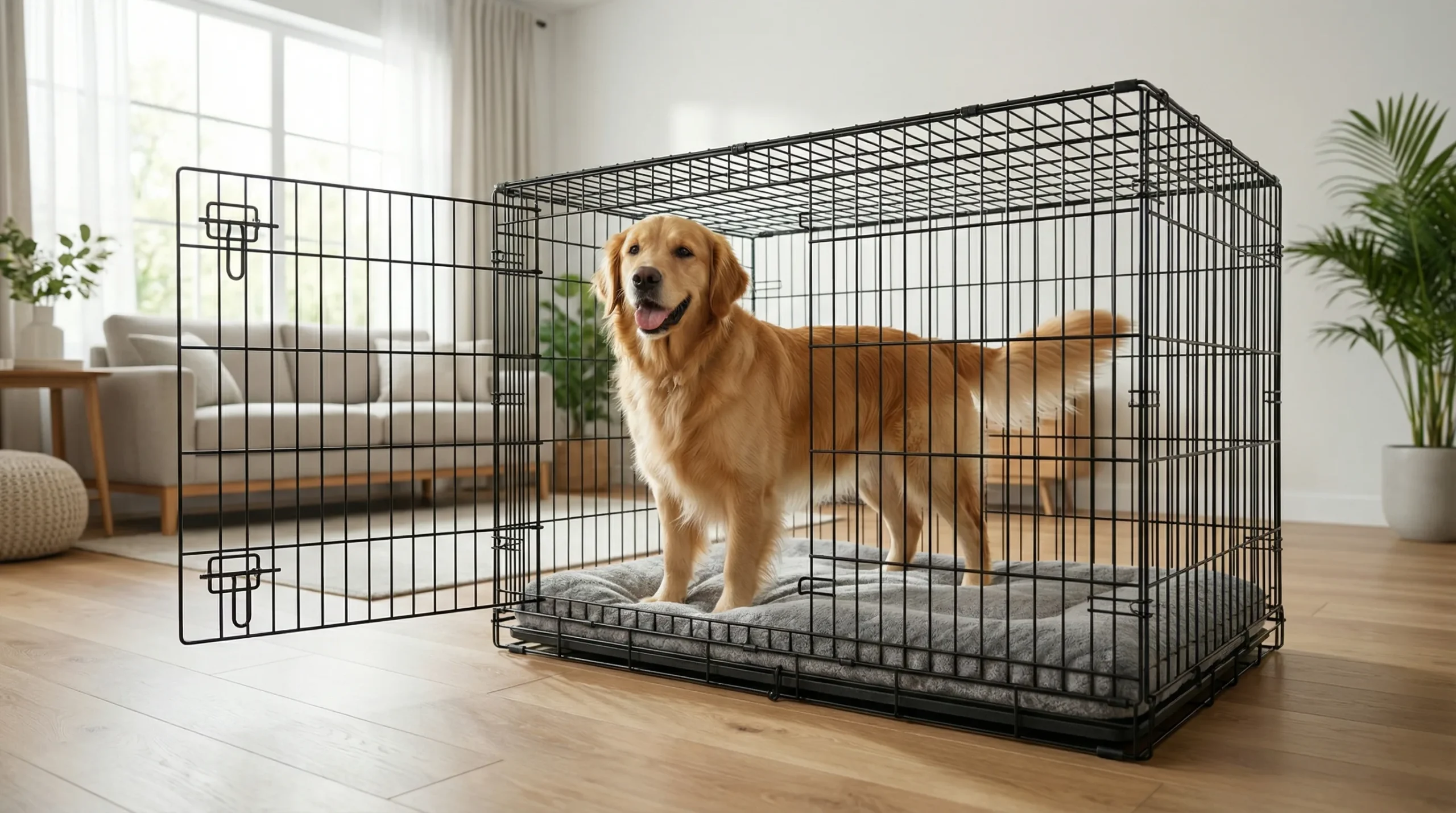 What size crate for Golden Retriever shown with an adult Golden Retriever standing comfortably inside a properly sized 42-inch dog crate.