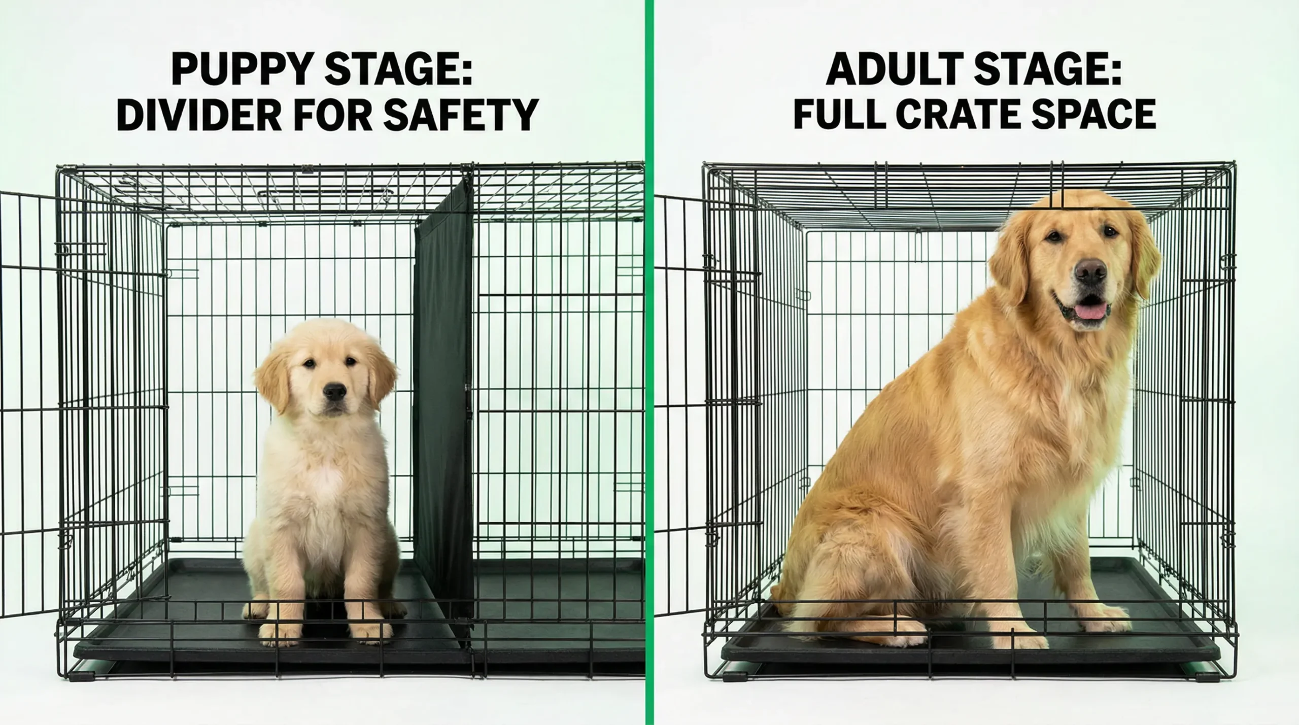 What size crate for Golden Retriever shown at puppy stage using a divider panel versus full crate space for an adult Golden Retriever.