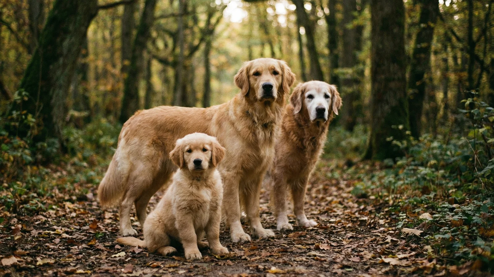 A Golden Retriever puppy, adult, and senior dog sitting in a forest, illustrating the breed's age chart to address concerns about why are golden retrievers dying younger.