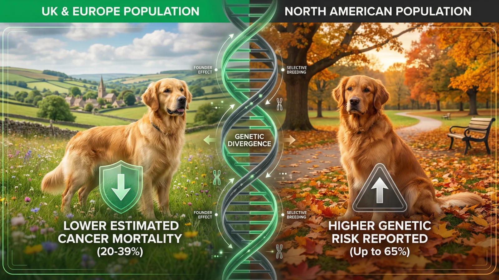 An infographic comparing the lower estimated cancer mortality of 20-39% in UK and European Golden Retrievers versus the higher genetic risk of up to 65% in North American populations, illustrating reasons behind why are golden retrievers dying younger.