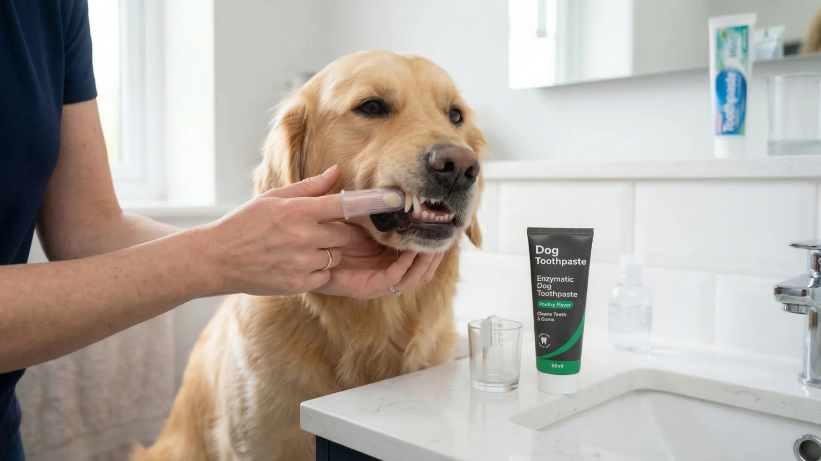 Can dogs use human toothpaste safely? A Golden Retriever getting its teeth brushed with safe dog toothpaste while human toothpaste sits in the background.