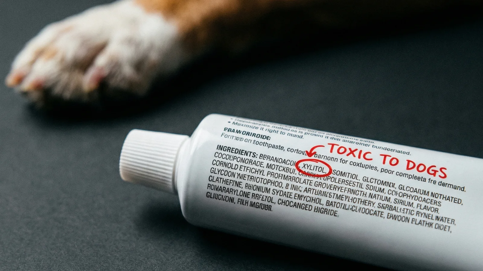 Can dogs use human toothpaste? Close-up of ingredient label highlighting Xylitol as toxic to dogs.