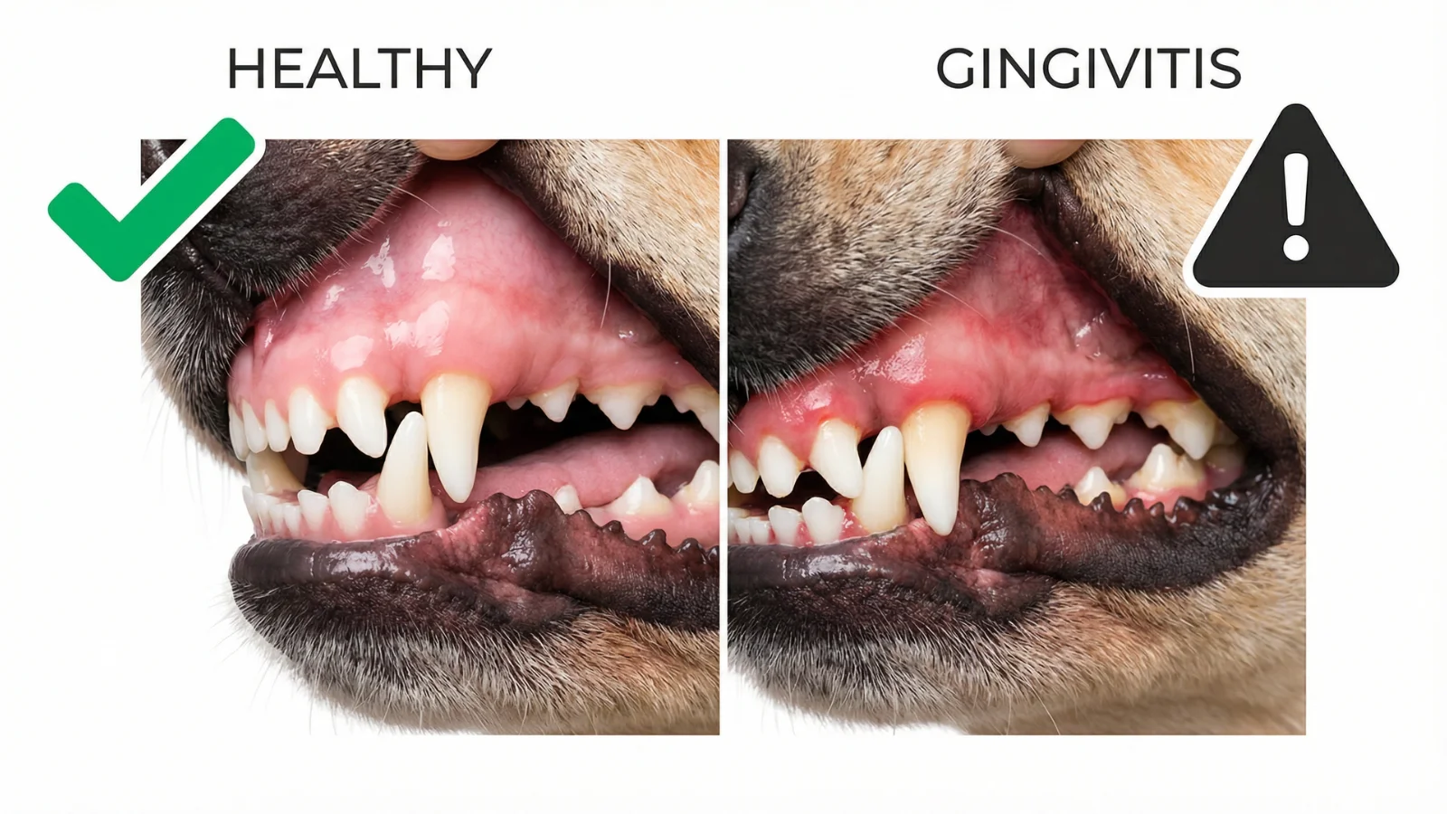 Comparison chart showing healthy pink dog gums versus red swollen gingivitis gums.