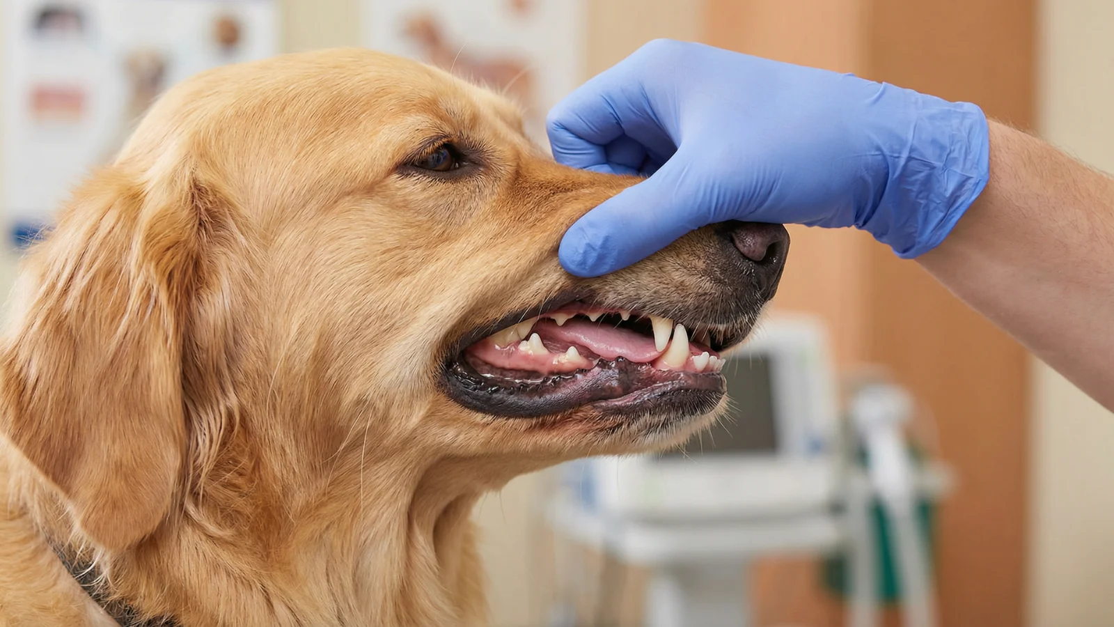 Close-up of a dog owner gently lifting a Golden Retriever's lip to check for dog gums bleeding and signs of inflammation.