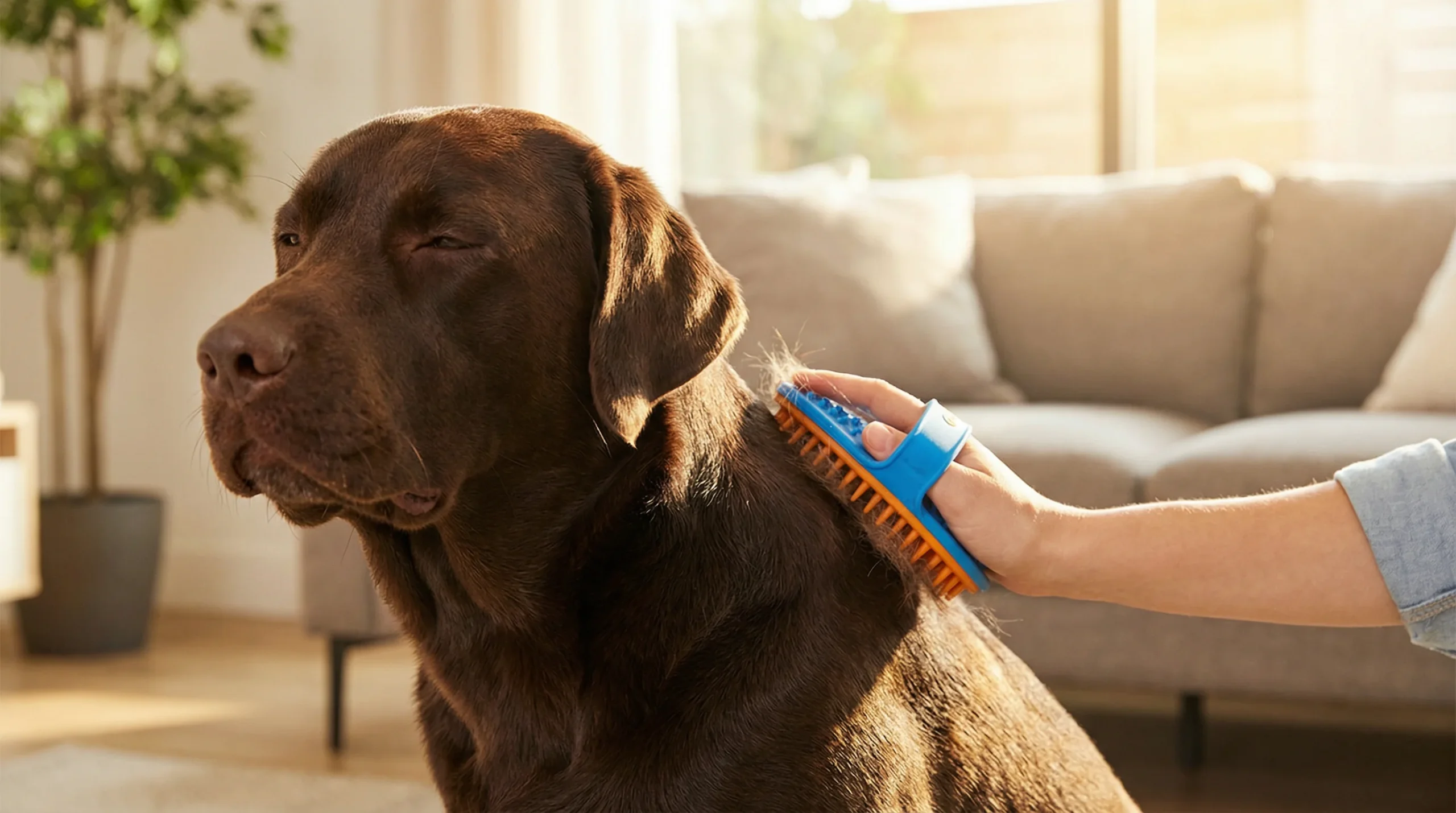 Dog brush for short hair being used on a short-haired dog to reduce shedding