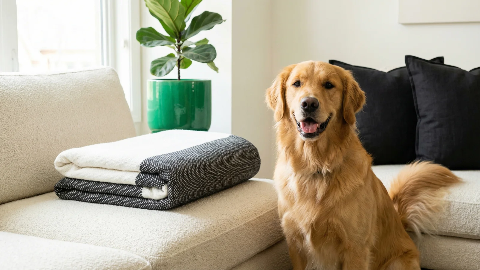 A clean, neatly folded blanket next to a happy dog, illustrating the final result of learning how to get dog hair out of a blanket effectively.