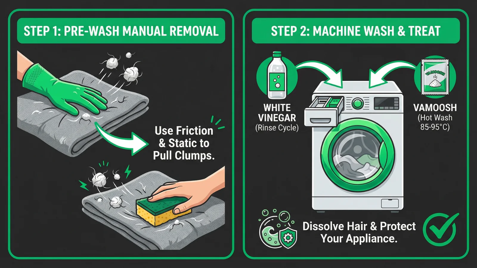 An infographic detailing a two-step process on how to get dog hair out of a blanket using manual removal and washing machine techniques.