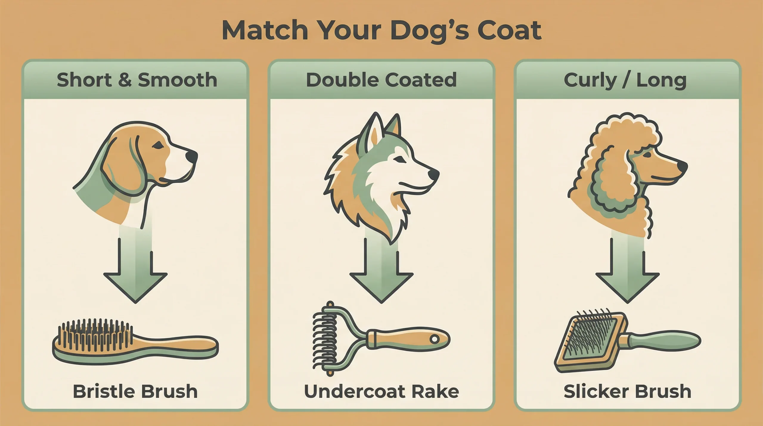 Types of Dog Grooming Brushes by Coat Type Types of dog grooming brushes matched to coat types including short smooth, double coated and curly long dogs