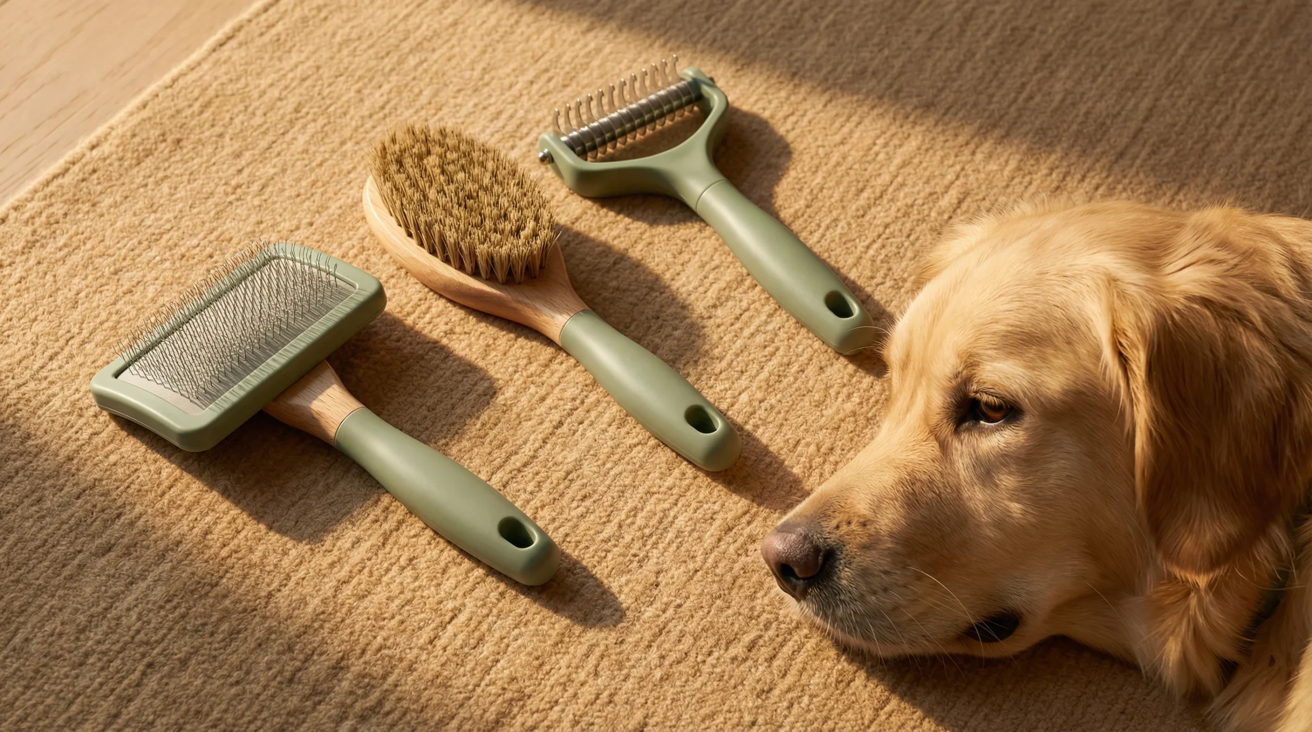 Types of dog grooming brushes including slicker, bristle and undercoat rake