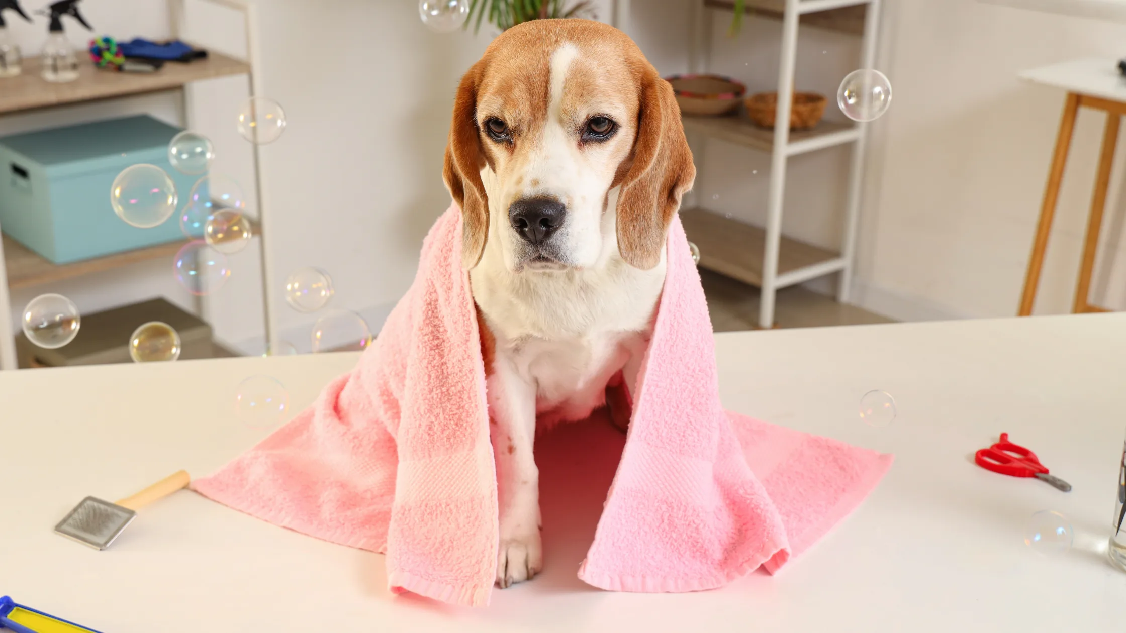 Best Dog Brush for Beagles: Beagle after grooming session wrapped in a pink towel with grooming tools on the table.