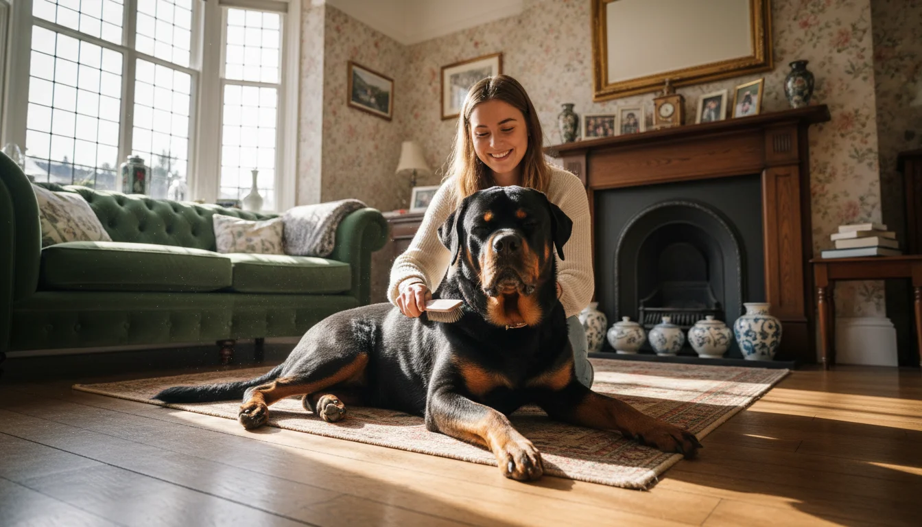 Best dog brush for Rottweiler being used by owner during indoor grooming in traditional British home