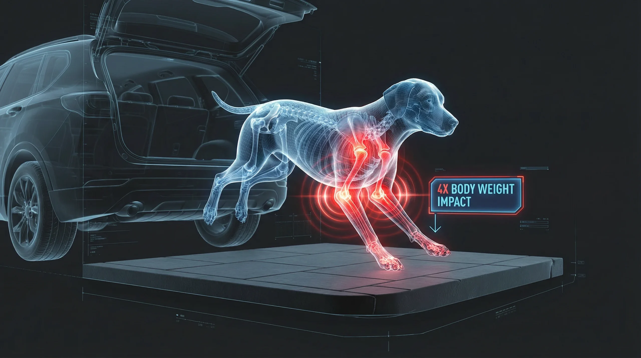Illustration showing joint strain when a dog jumps from a car compared to using a dog ramp for car travel