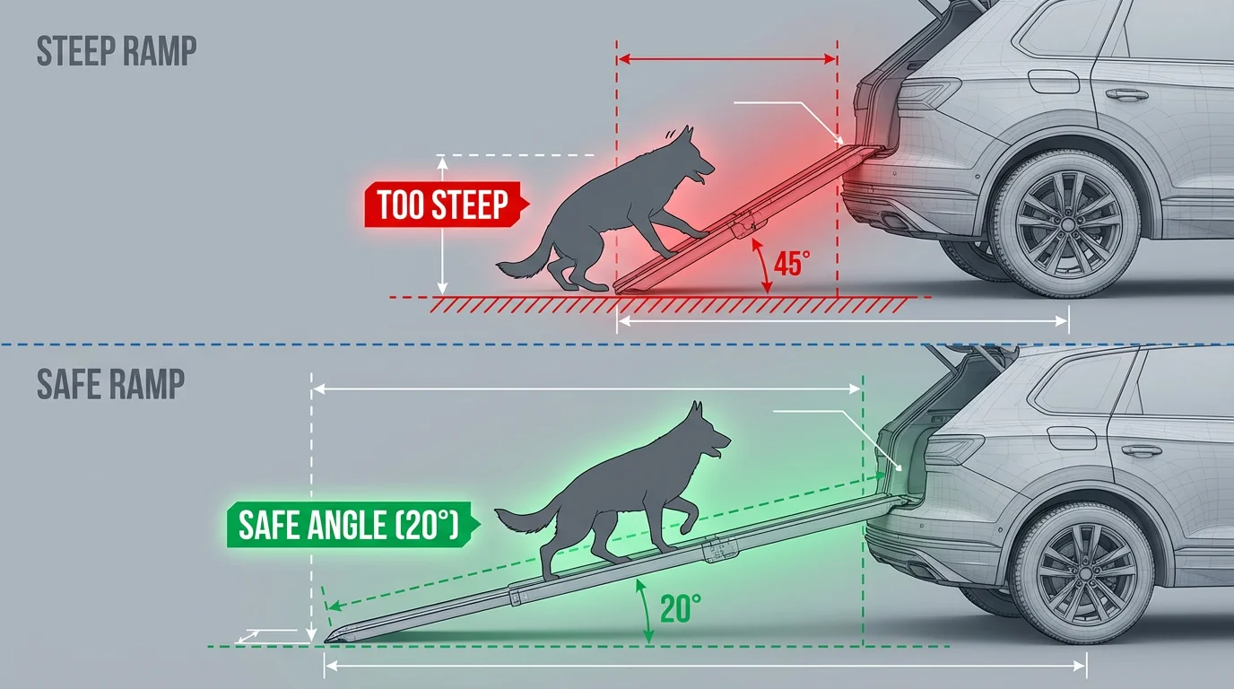 Dog ramp for car diagram showing a steep ramp angle versus a safe gradual ramp angle for SUV boot access