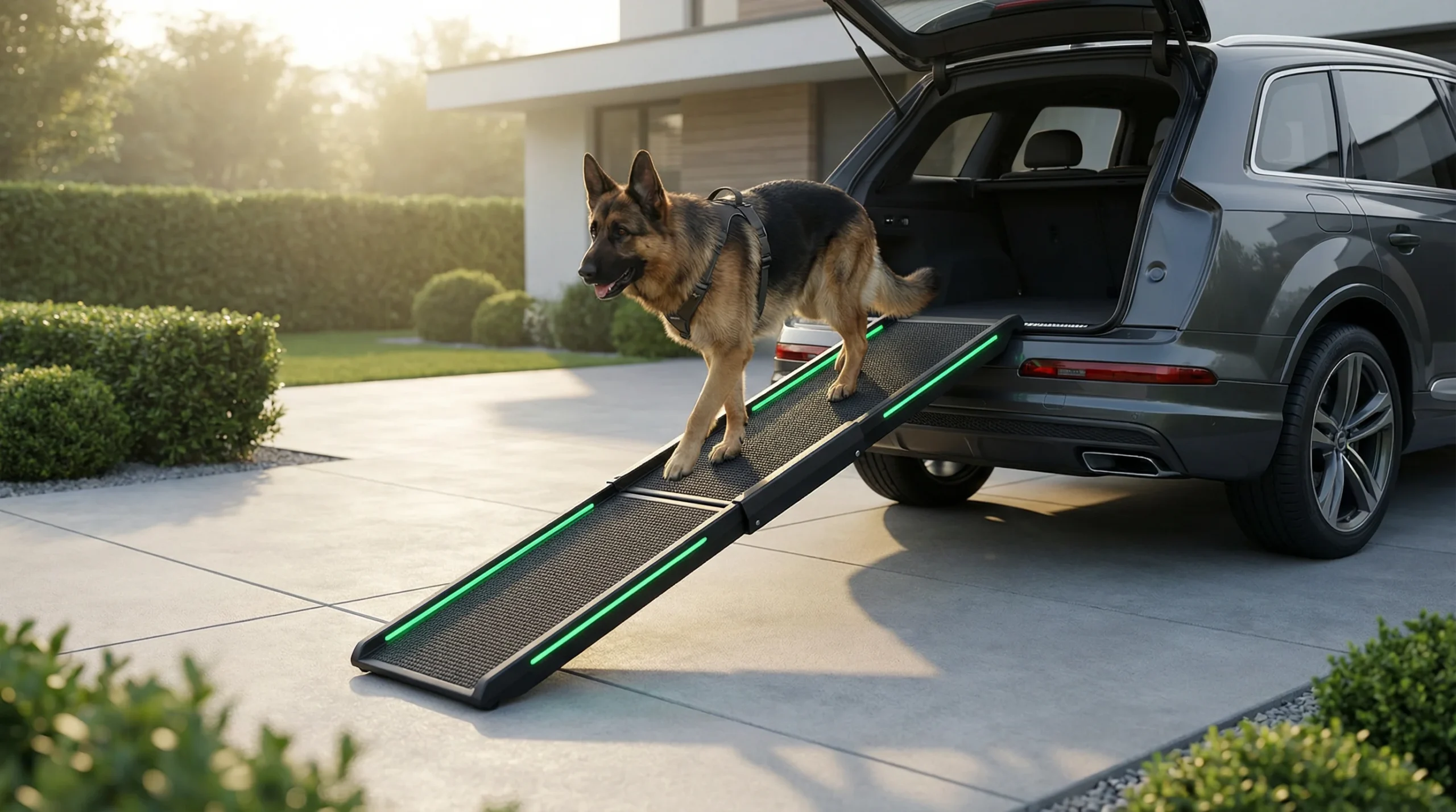 Dog ramp for car travel allowing a large dog to safely walk into an SUV boot