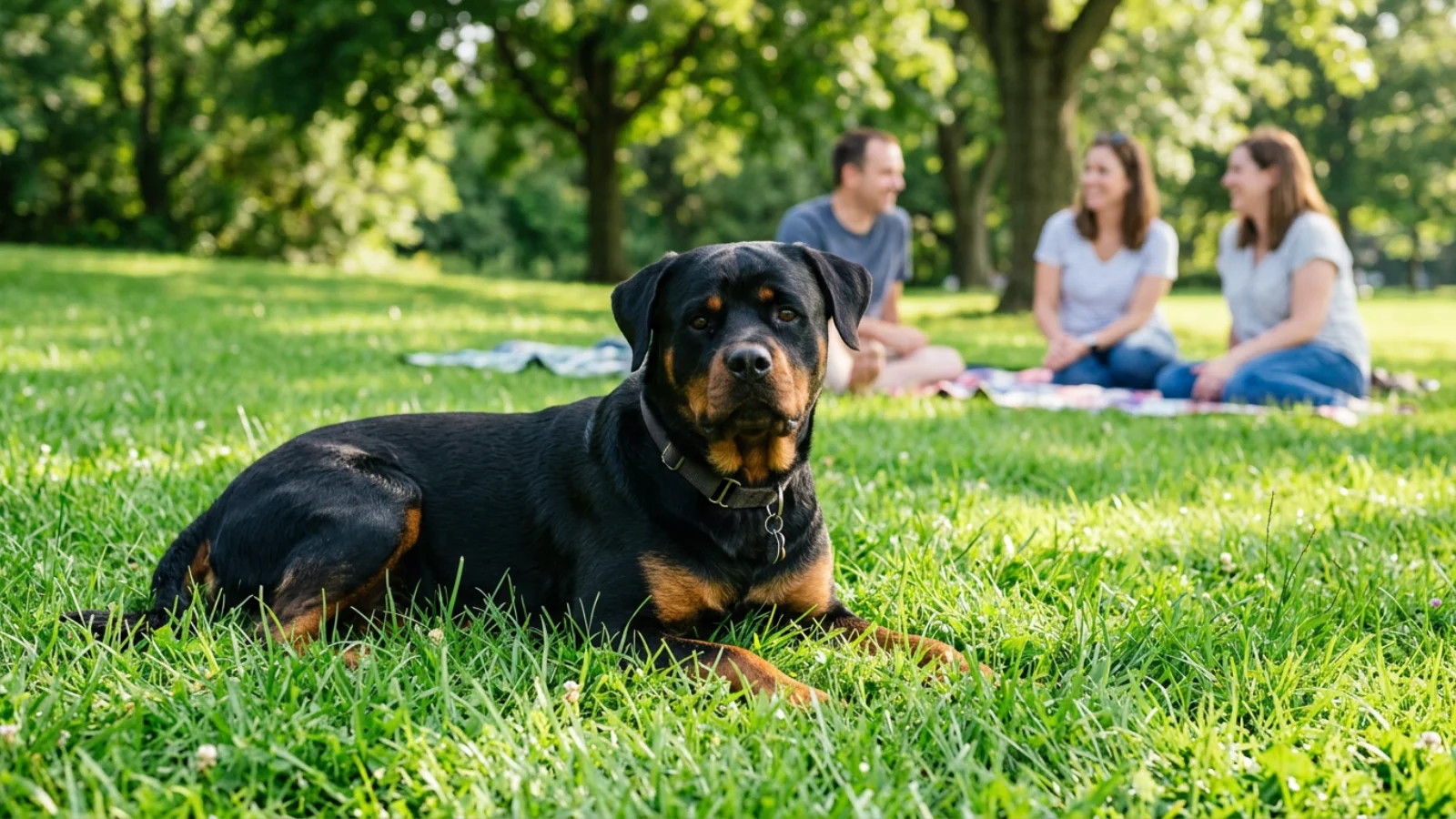 Is a Rottweiler a Good Family Dog? A calm and well-trained Rottweiler relaxing in a safe family environment.