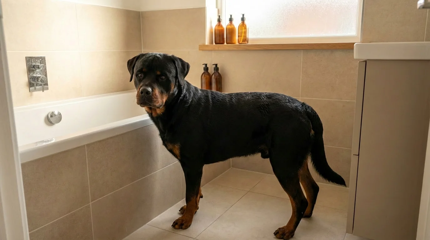 rottweiler-grooming-bath-prep Rottweiler grooming bath scene with a Rottweiler standing beside a bathtub