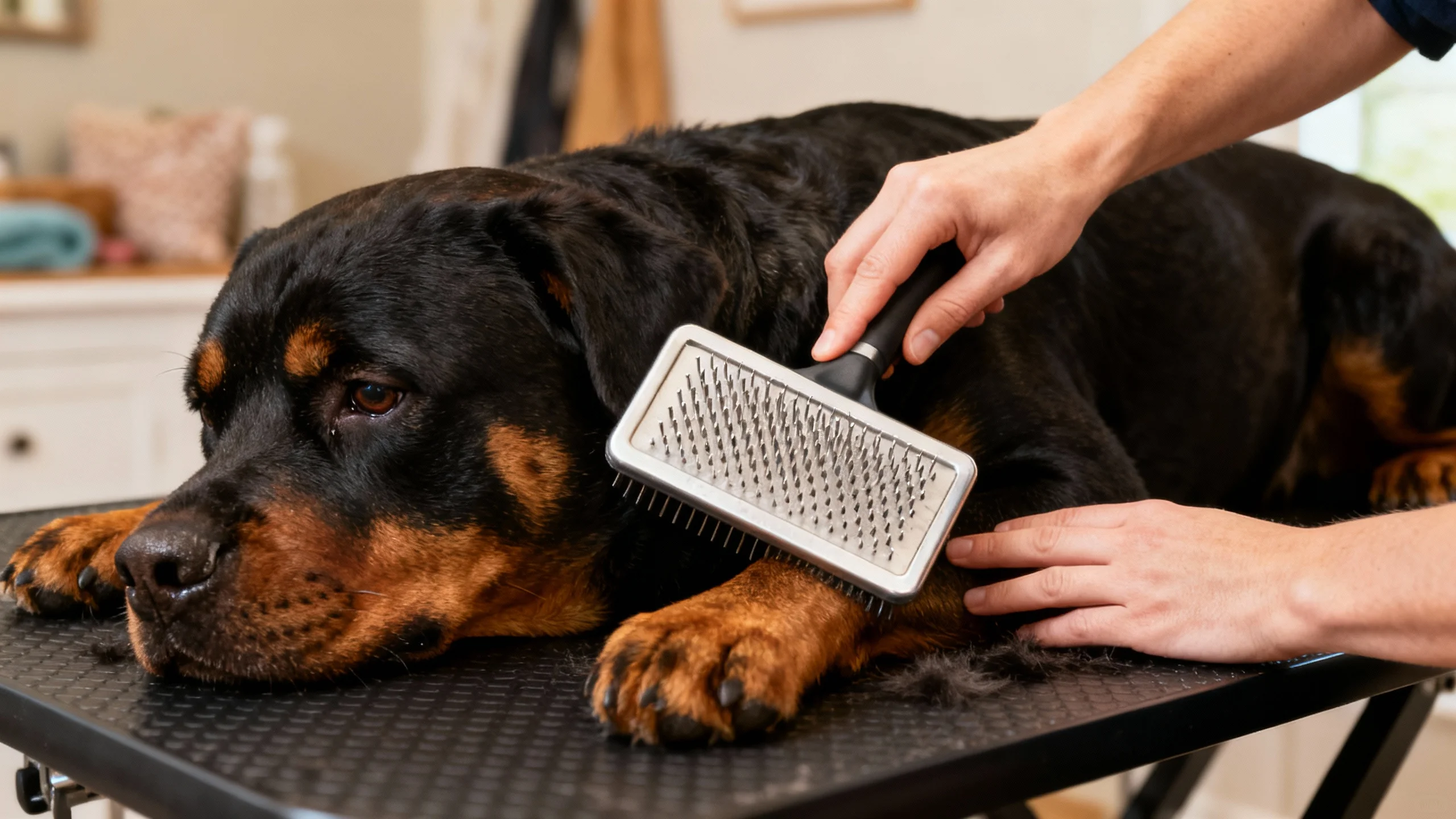 rottweiler-grooming-brushing-session Rottweiler grooming with a slicker brush during a brushing session