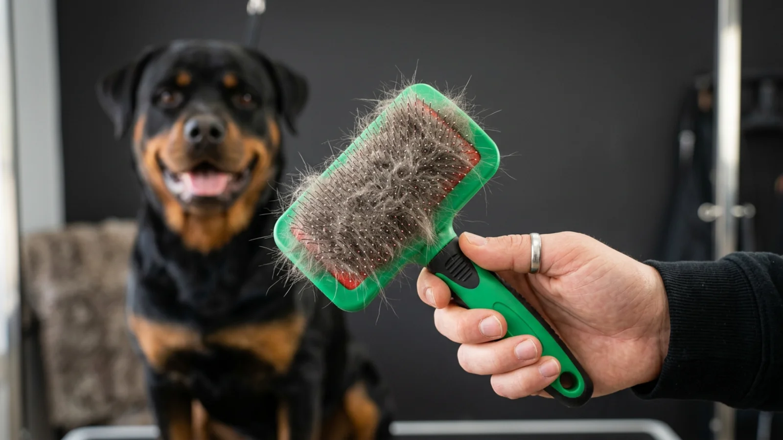 Rottweiler grooming requires the right slicker brush to safely remove dead undercoat without damaging the topcoat.