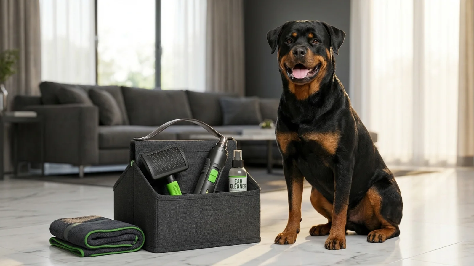 Rottweiler grooming is much easier when you keep a well-organized Rottweiler grooming kit ready for your daily and weekly routine