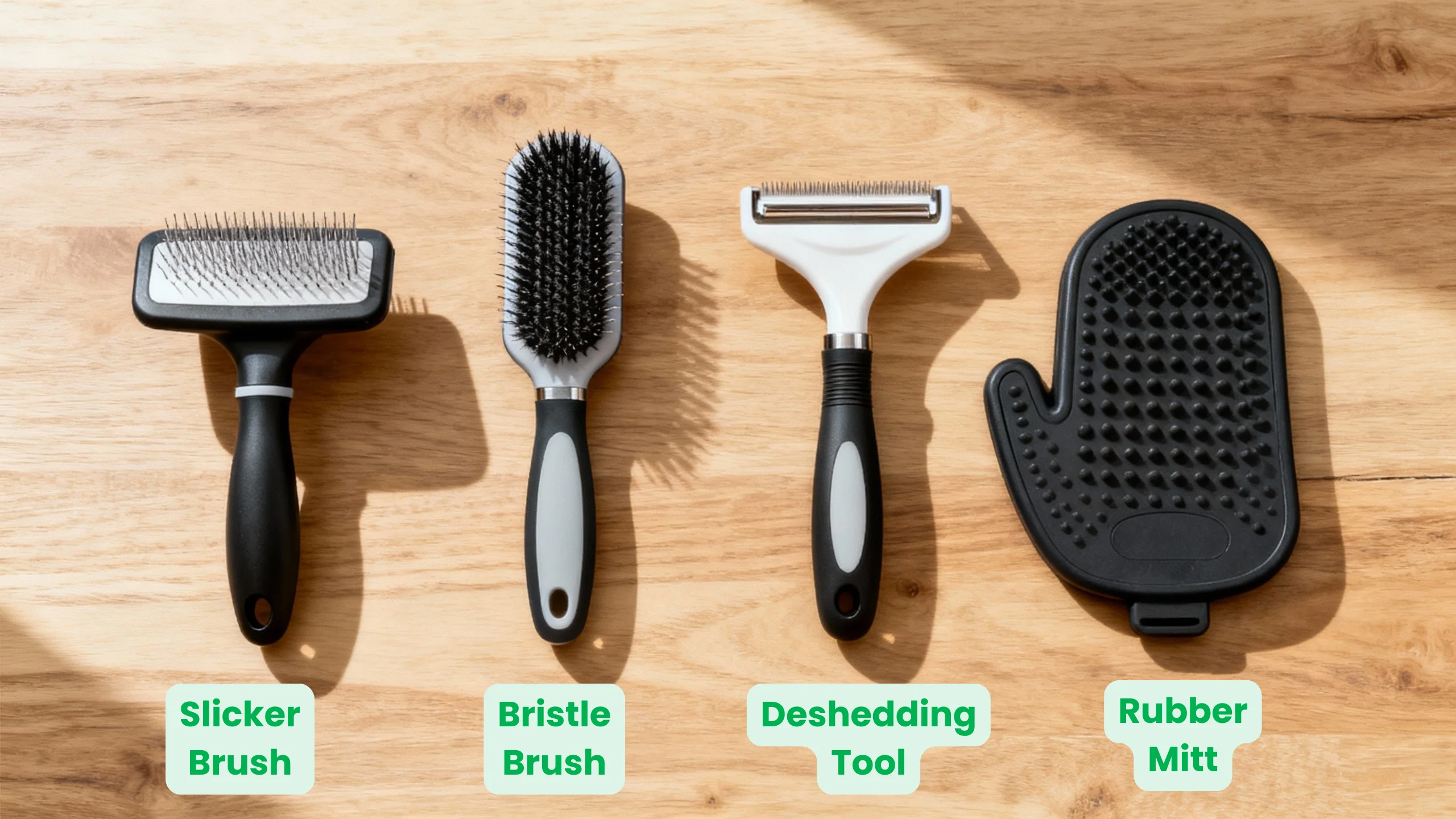 Best dog brush types for Rottweilers – slicker brush, bristle brush, deshedding tool, and rubber mitt shown on wood background