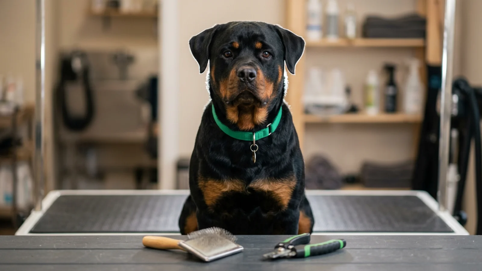 Rottweiler grooming guide showing a calm adult dog sitting next to a green brush.