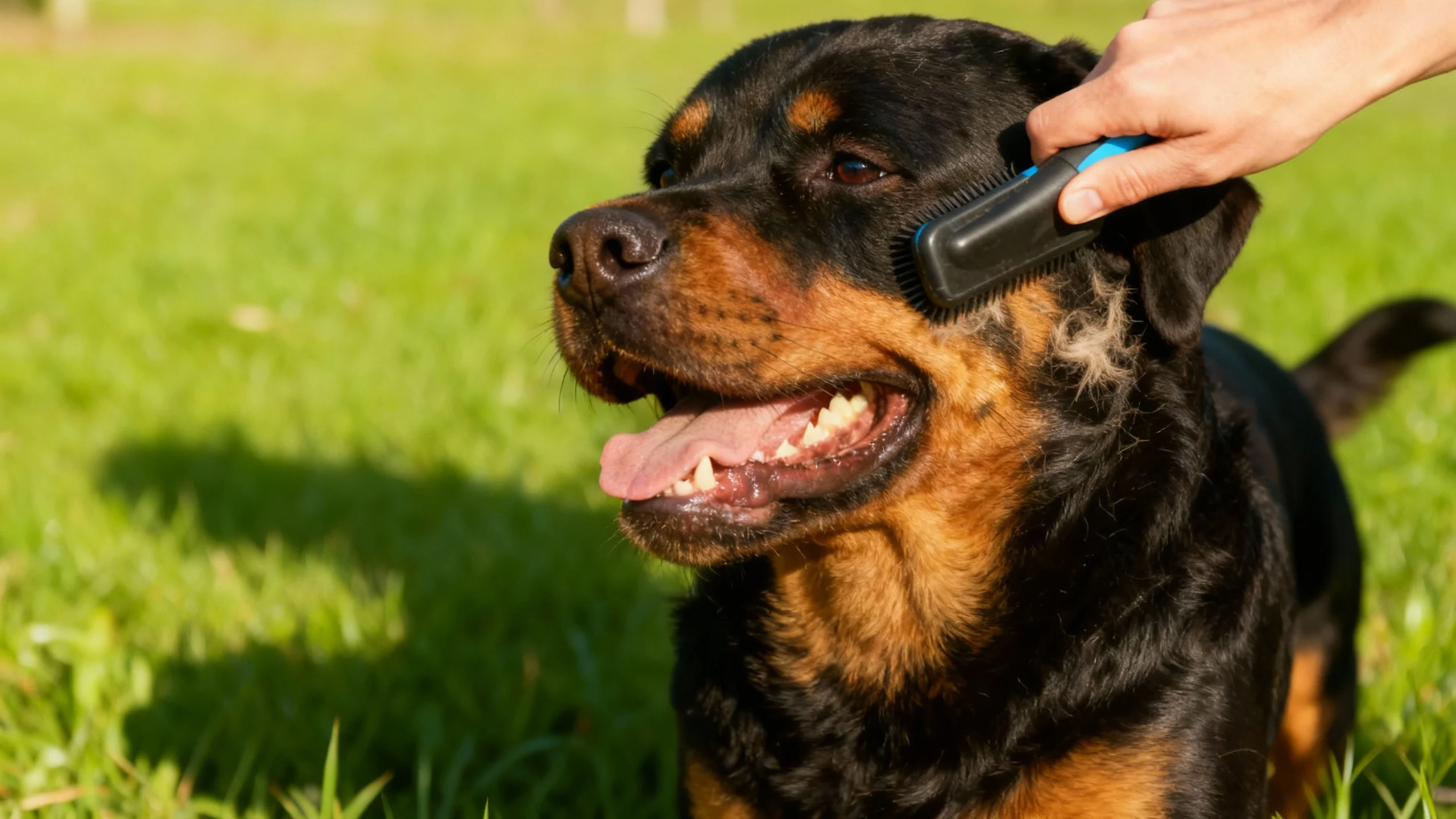 Best dog brush for Rottweiler – grooming a happy Rottweiler outdoors using a slicker brush on grass