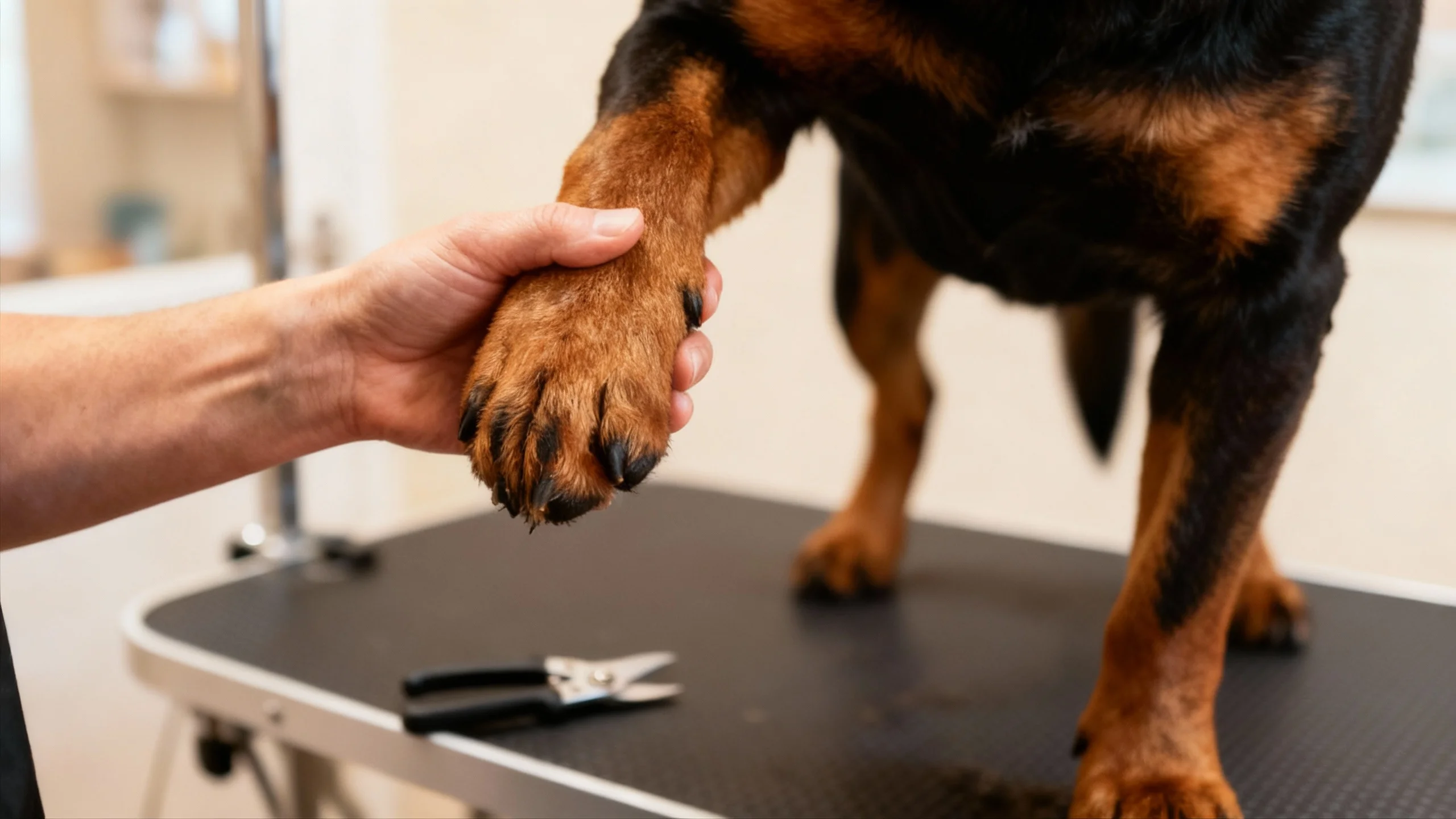 rottweiler-paw-care-flexk9 Rottweiler grooming paw inspection before nail trimming