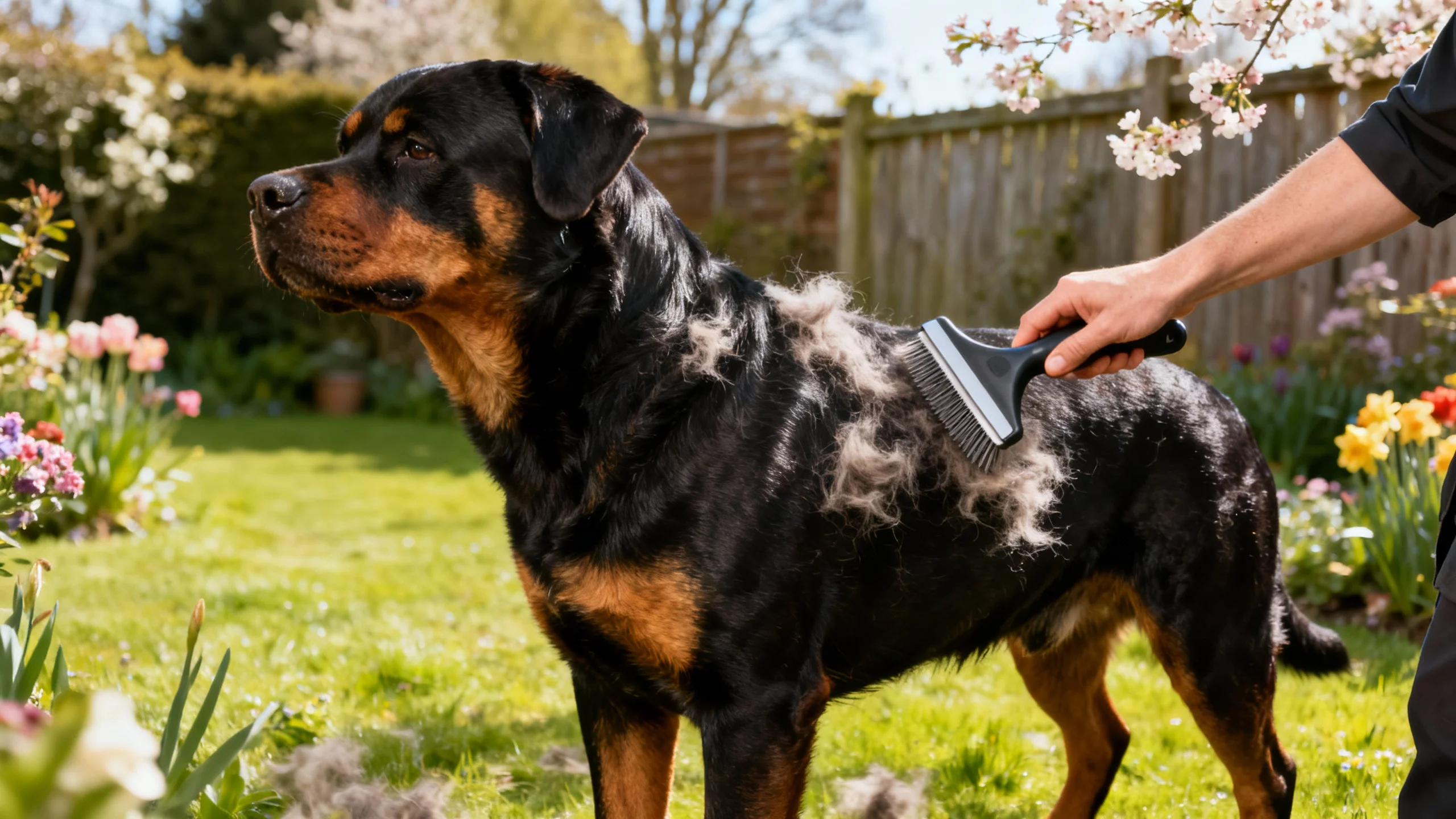 Best dog brush for Rottweiler being used to remove heavy undercoat during spring shed in a British garden