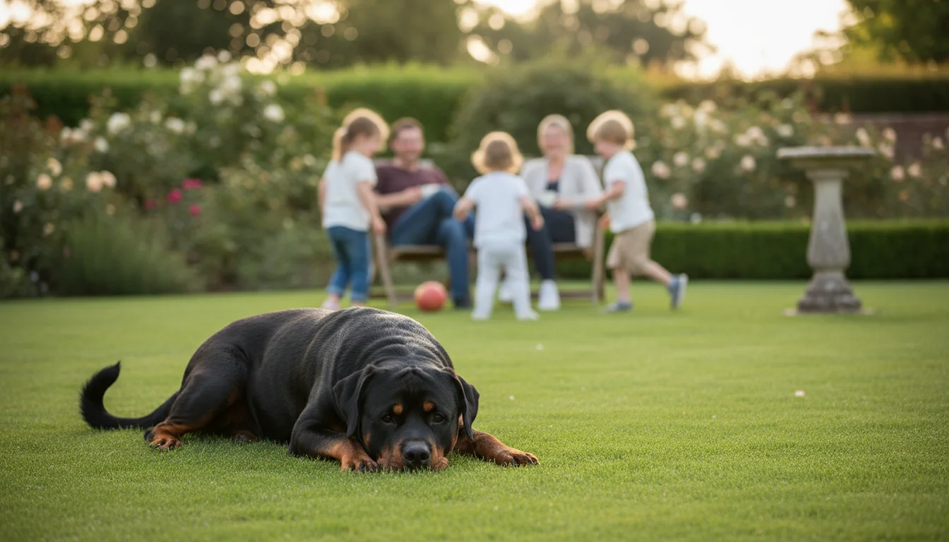 Rottweiler With Children in a Safe Family Garden Is a Rottweiler a good family dog lying calmly on the grass while children play safely nearby in a British garden