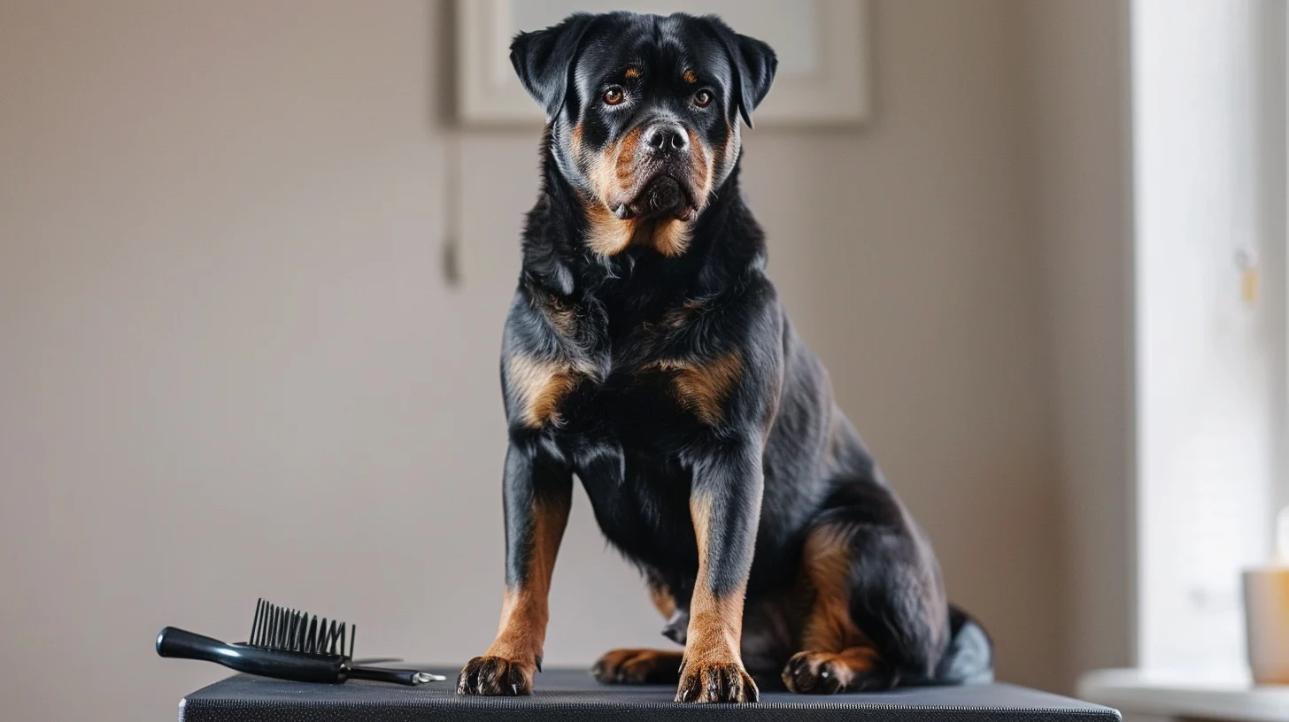 Rottweiler grooming hero image showing a freshly groomed Rottweiler on a grooming table