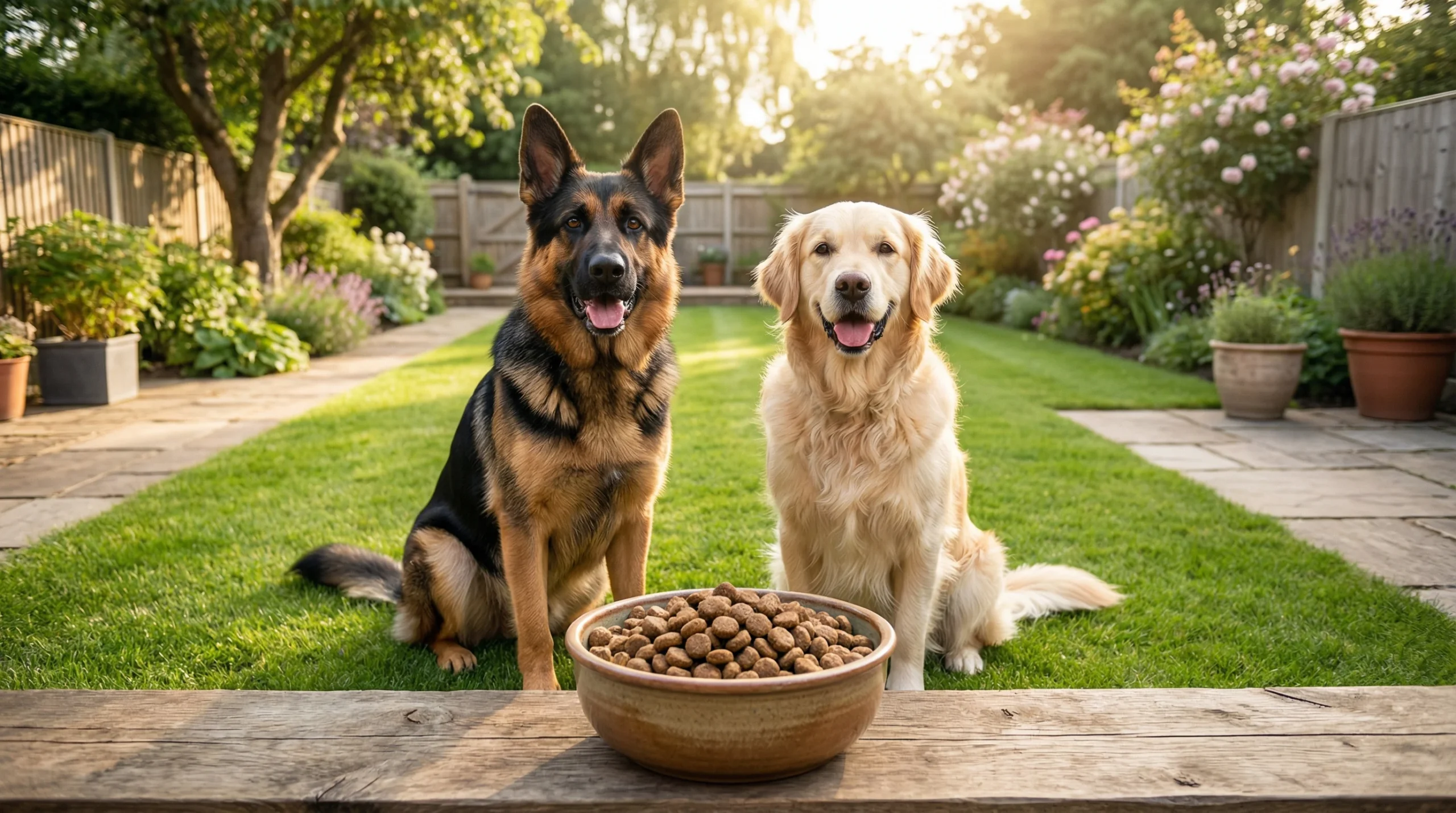 German Shepherd and Golden Retriever sitting in a sunny UK garden behind a bowl of the best large breed dog food.